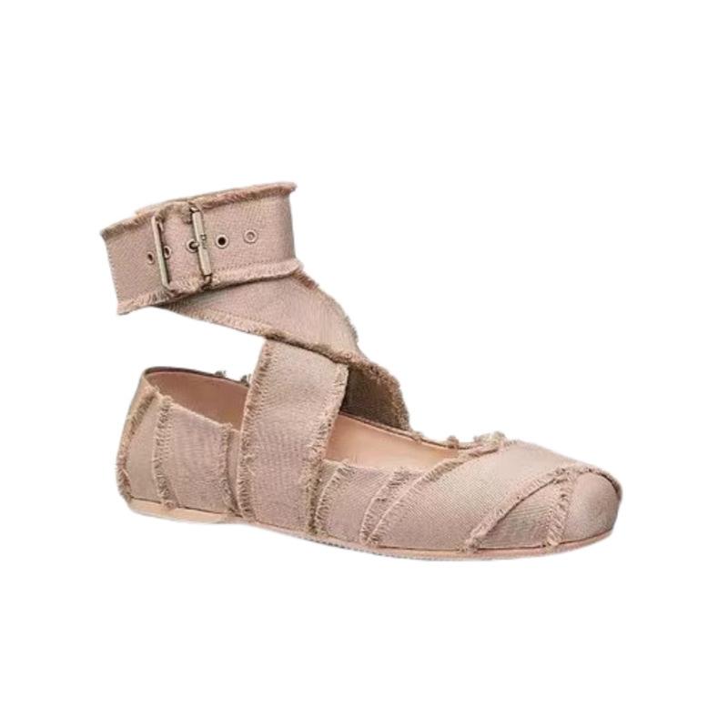 

[Это] Балетки с кисточками и перекрестными ремешками женские ретро квадратный носок мелкий вырез плоская подошва Мэри Джейн одинарные туфли 40 телесный