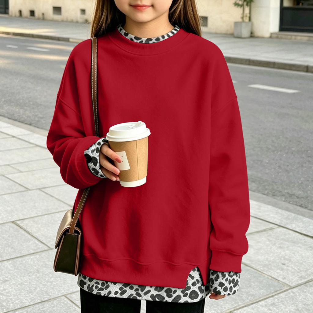 Big Girls Casual Printed Two-Piece Look Pullover Top with Neck and Loose Fit for Everyday Wear