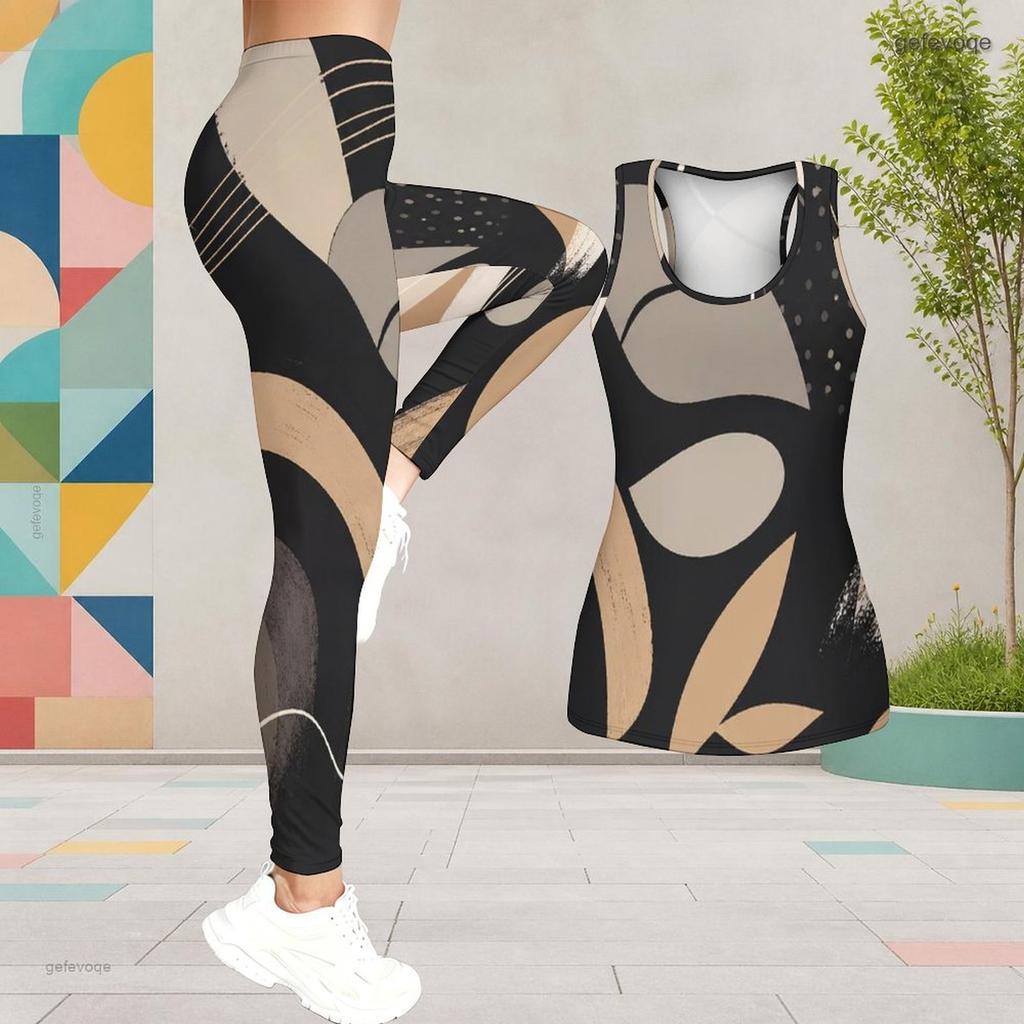 Women Plus Size Printed Scoop Neck Sleeveless Longline Tank Top Fitted Pants Two Piece Set