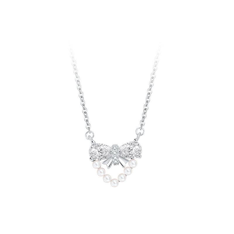 S925 sterling silver rhinestone bow pearl necklace for women, French design beautiful heart pendant, niche necklace 925 silver