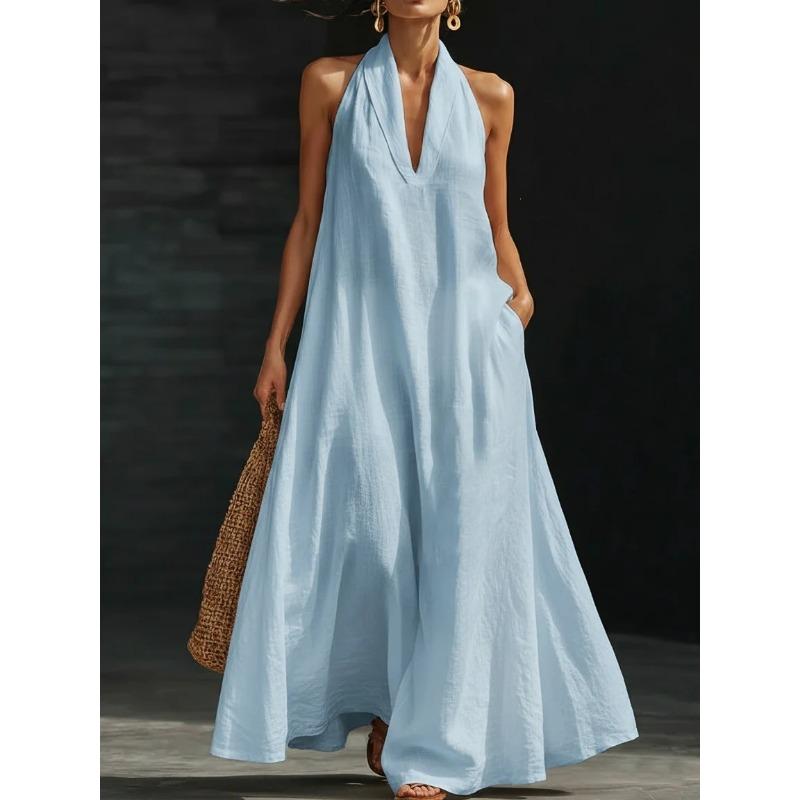 Robes d'été amples à col en V élégantes pour femmes 2026 Nouvelle Robe longue à bretelles au cou Robe trapèze pour fête de vacances Robe mode ample street chic pour jeunes femmes