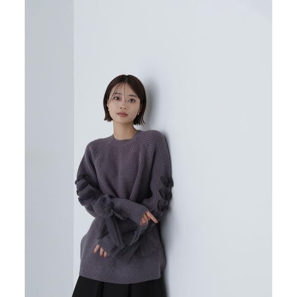 Natural Beauty Basic Ribbon Sleeve Knit Charcoal Women's Lace-Up Sweater,