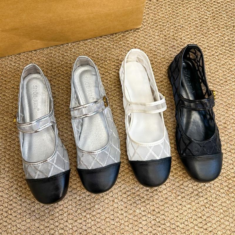 Fashion Elegant Metal Flowers Design Ballet Flats Women Comfort Breathable Mesh Mary Jane Shoes Fashion Round Toe Shallow Casual Shoes
