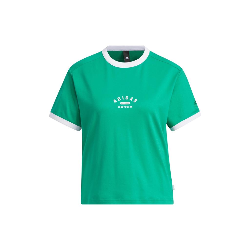 Adidas Verbiage Logo Embroidered Letter Print Ribbed Crewneck Short Sleeve T-Shirt Women Tops Lawn-Green IP3939