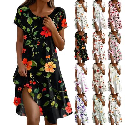 Short Sleeve Boho Dress For Women Casual Loose Fit Summer Sundress Floral Print Dress With Pockets