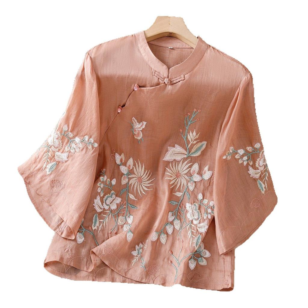 Retro embroidered cotton and linen shirt women's summer new stand-up collar diagonal placket buckle temperament top