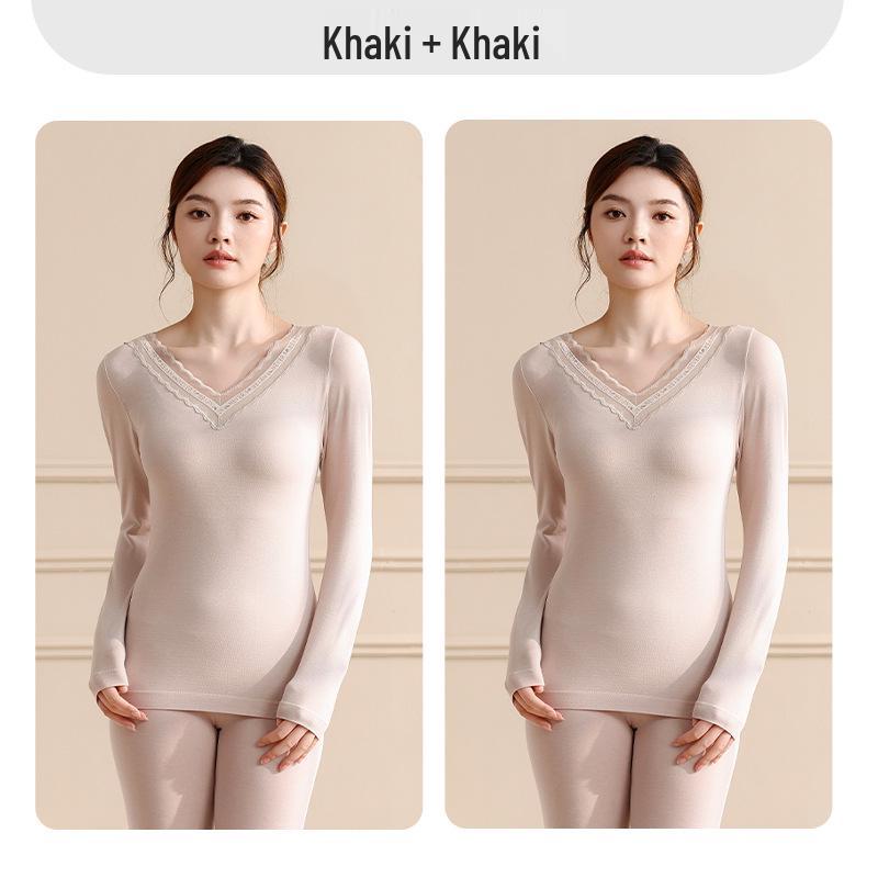 Women's Lace V-Neck Thermal Underwear Set - Slimming, Shaping, Heat-Generating Cotton