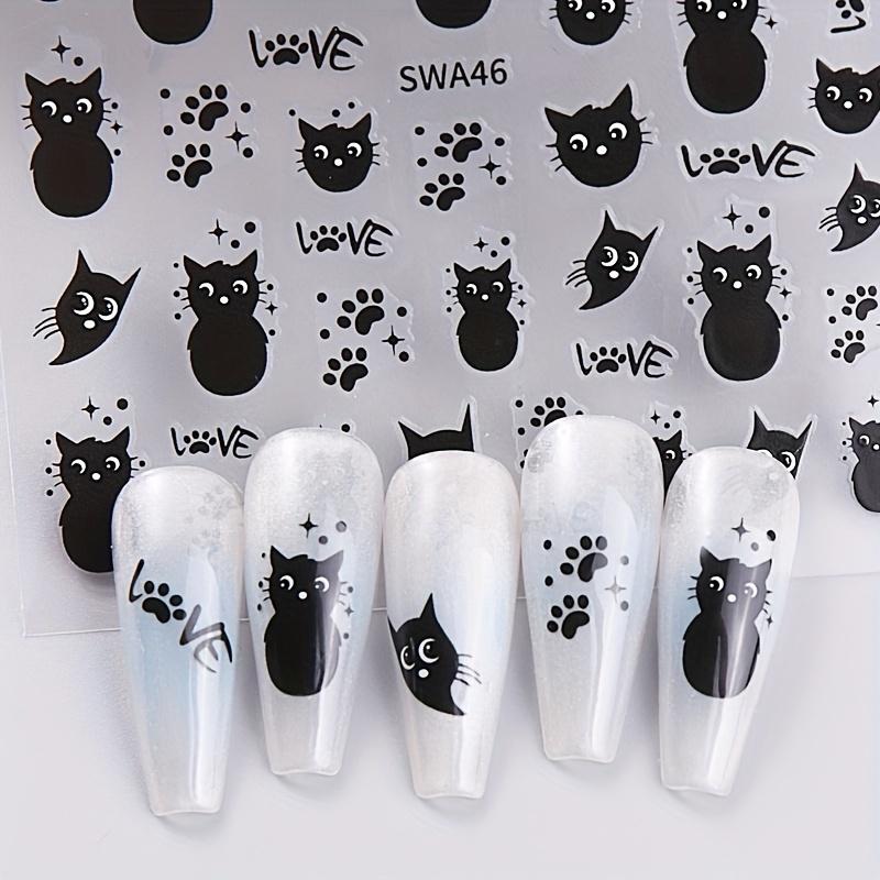 1Pc Black Cat Nail Art Stickers, Halloween Cartoon Animal Self-Adhesive Decals, DIY Nail Salon Art Decorations Animal Print
