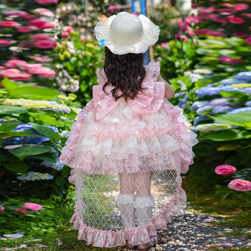 Girls' Pink Lolita Princess Dress - Summer Floral Birthday Gown