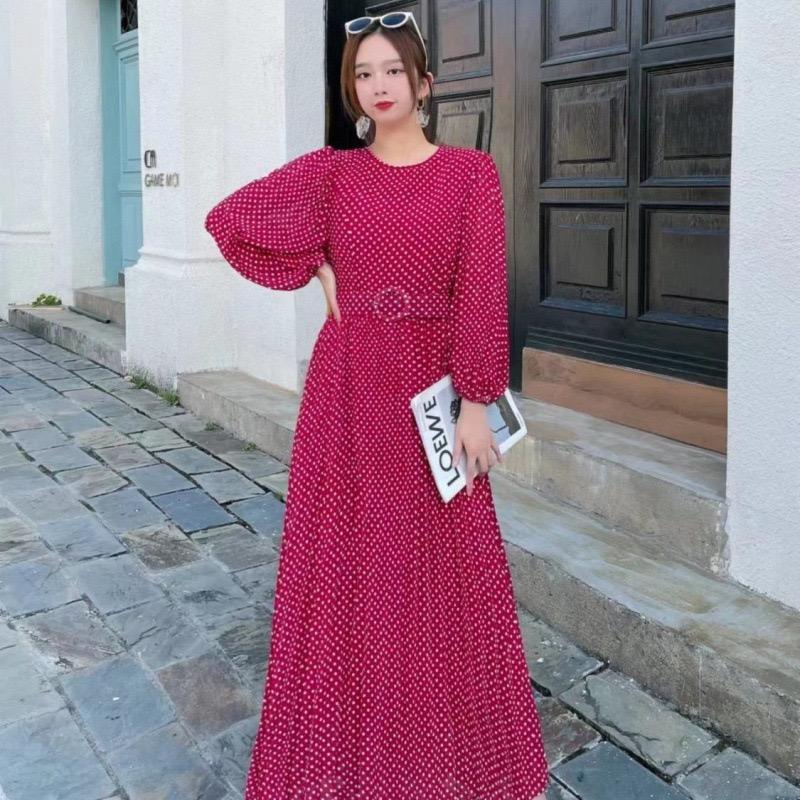 LYRIA New Women's Long Sleeve Belt Slim Long Dress High Quality Elegant Vintage Dots Pleated Big Hem Chiffon Dress