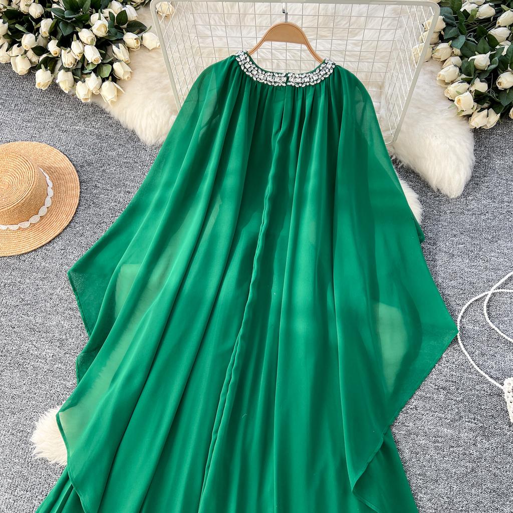 Elegante vestido largo plisado de gasa con cuello redondo, cordones y mangas estilo capa vintage para mujer, ropa de calle de moda