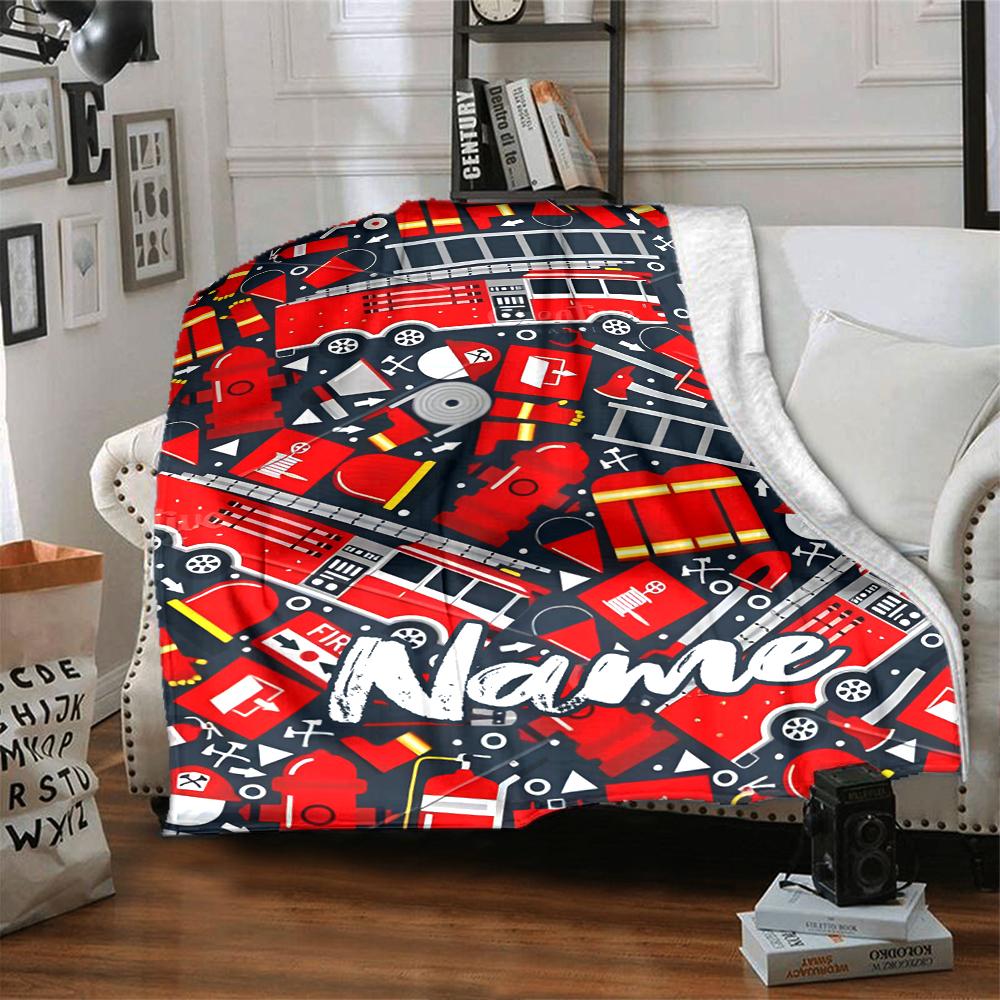 Custom Name fire truck Theme Printed Blanket - Perfect for Couch, Bed, Travel & Outdoor Use | Machine Washable, Cozy & Durable.