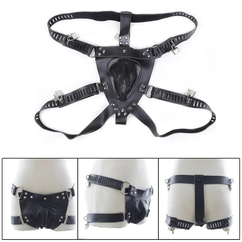 Male Chastity Belt Device BDSM PU Leather Sexy Pants Underwear Cock Lock Penis Bondage Adult Sex Toys for Men Women Erotic Games