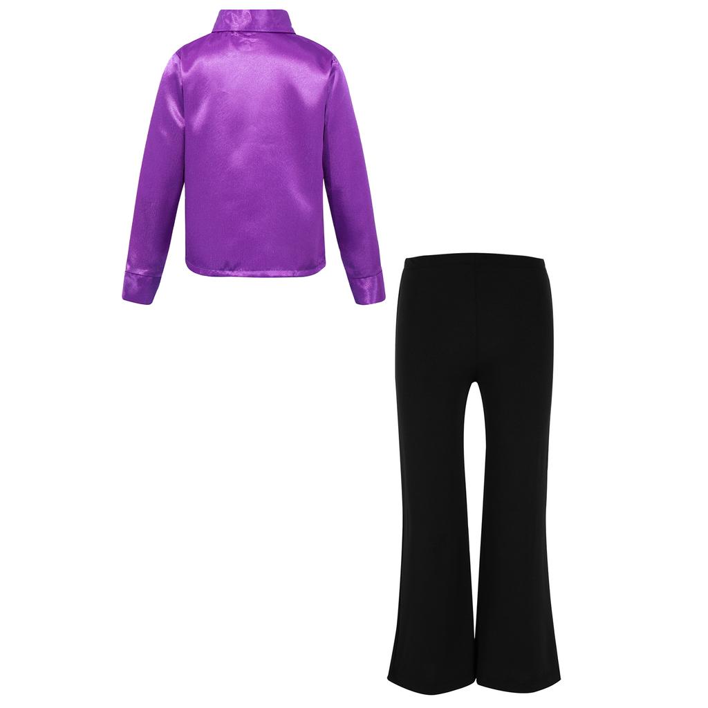Copii Băieți Ținută Dans Jazz cu Sclipici Cămașă cu Mânecă Lungă cu Paiete și Nasturi Pantaloni de Performanță Costum de Scenă