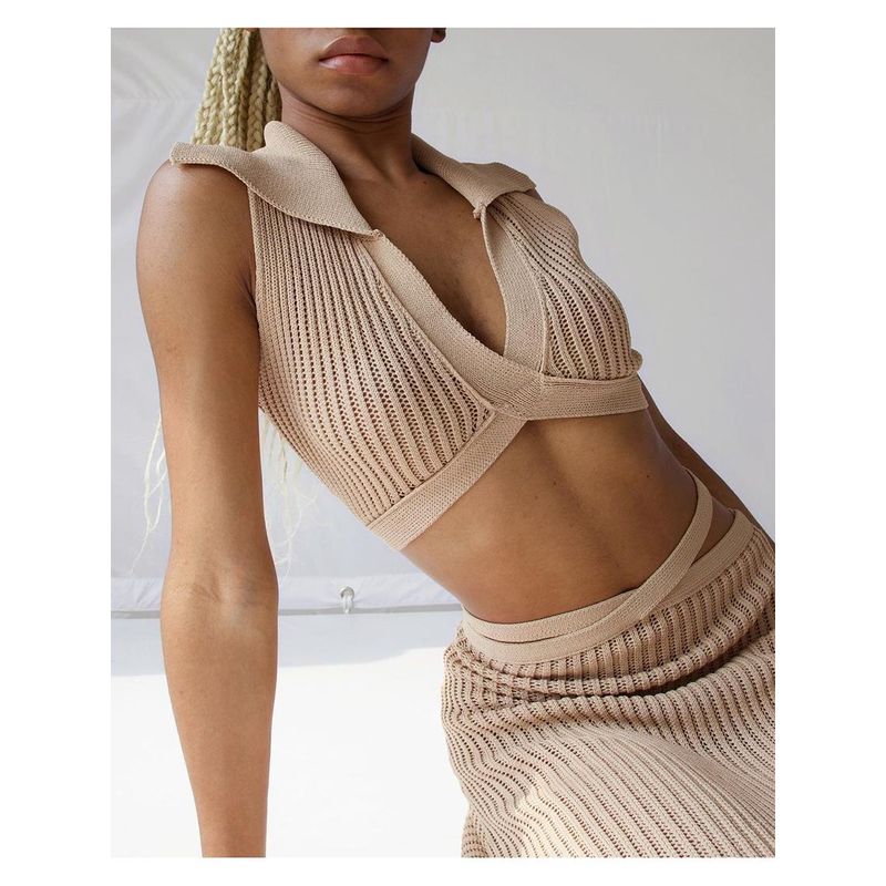 Foreign Trade Original Order RUV * E Tie Waist Knitted Skirt Midi dress Wool Sweater Dress Strapless Dress Hollow-out Dress