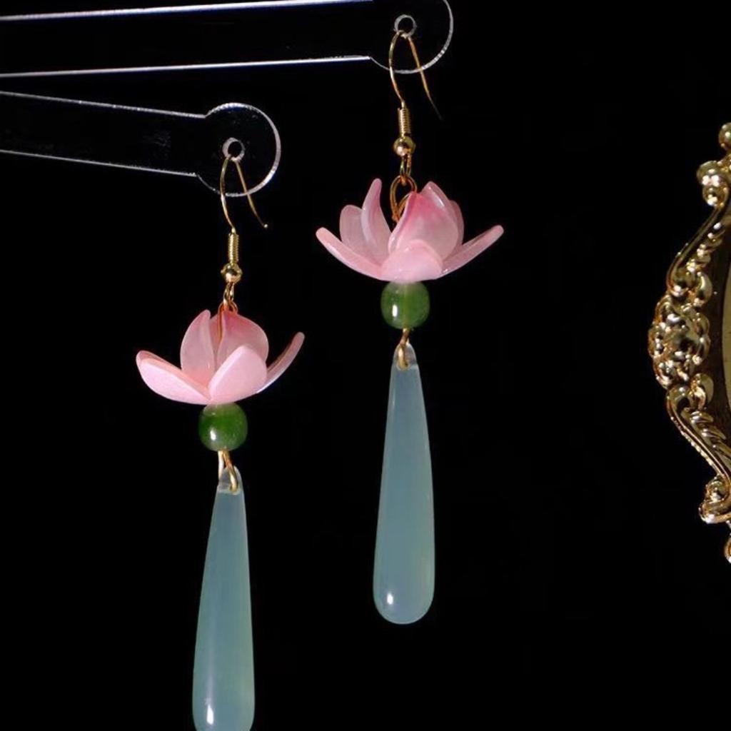 Cercei etnici chinezești din jad pentru femei Vintage Model Nor Norocos Pandantiv Picătură de Apă Bijuterii Elegante Accesoriu Hanfu Clip