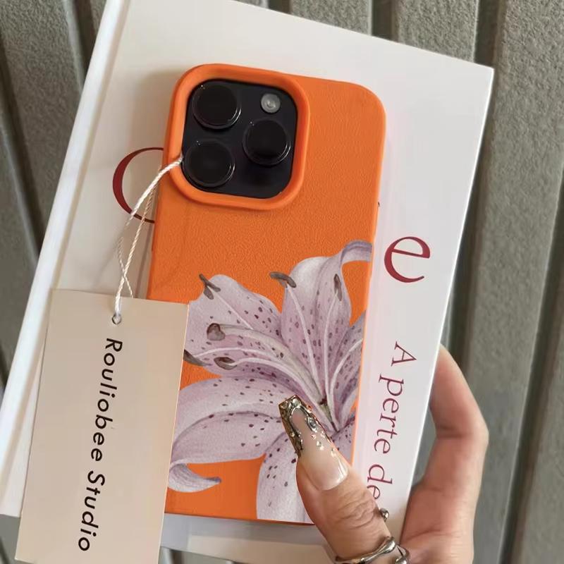 Husă de telefon cu model de floare de crin mov și textură de litchi pentru iPhone 17 Pro Max 16 Plus 15 Pro 14 13 12 11 XS XR 17Air Husa moale