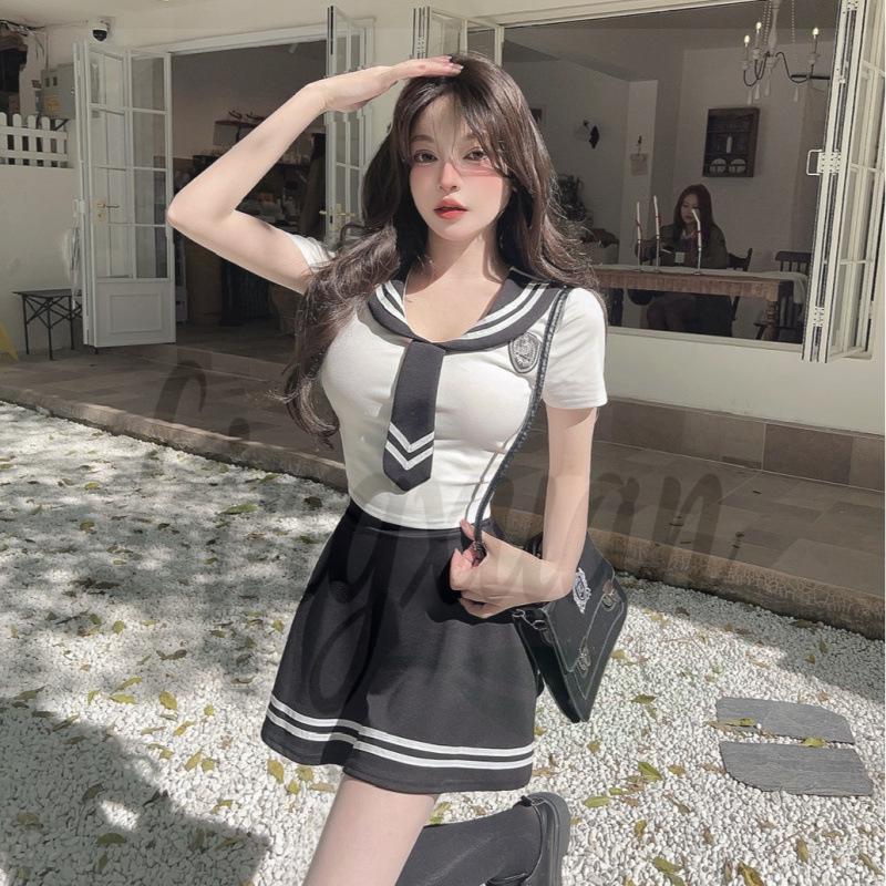 Summer College Style Women s JK Uniform Set: Navy Collar Short Sleeve Top & A-line Skirt Medium белый
