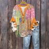 Women's Fashion Casual Button V-Neck Seven Sleeve Vintage Printed Shirt Top
