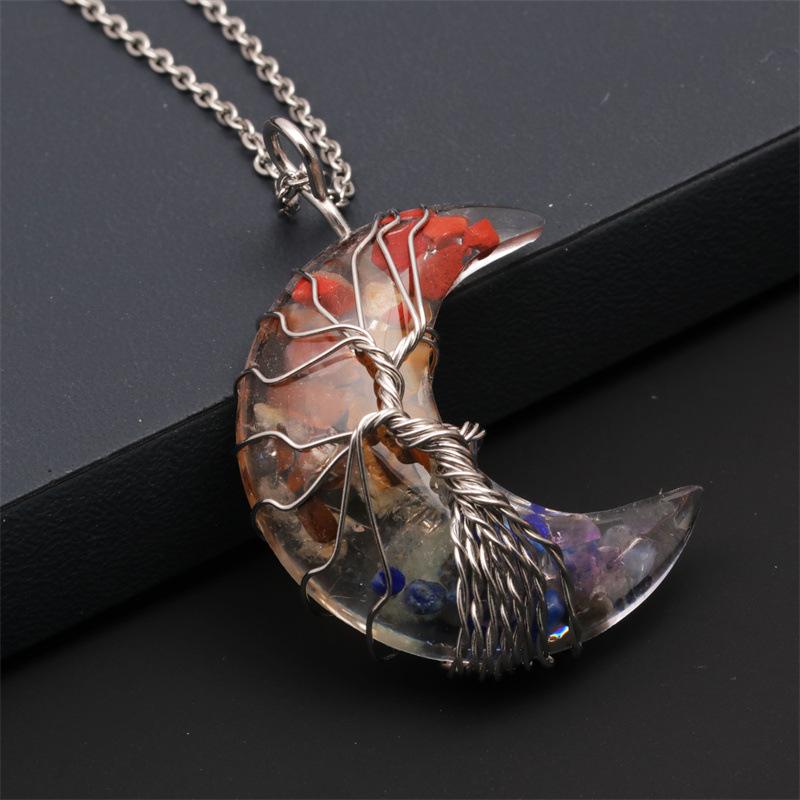 Natural Crystal Moon Pendant Necklace Tree of Life Amethyst Reiki Polished Mineral Jewelry Healing Stone for Men Women Jewelry
