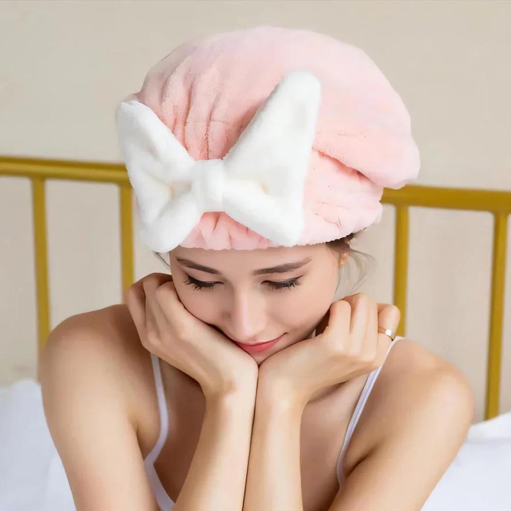

1PC Quick Drying Hair Towel Wrap with Bow Microfiber Absorbent Turban for Wet Hair Curly Long Thick Hair Shower Cap рожевий
