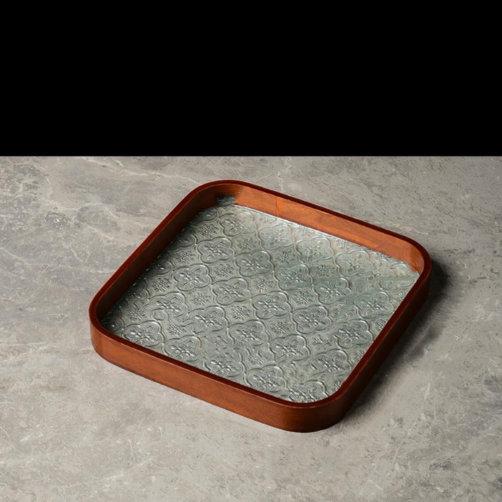 Simple Begonia Embossed Glass Tray Wooden Storage Display Plates Multi-Function Tea Tray  Desk