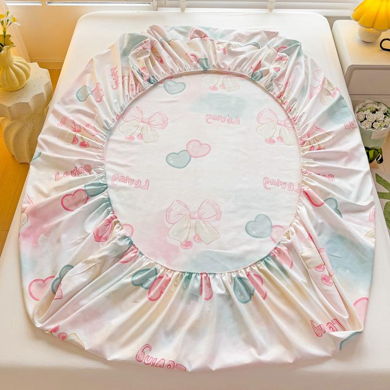 Romantic Love Bow Pattern Fitted Sheet Set Skin-friendly Breathable 3Pcs Mattress Cover with Elastic Band Queen Size Bedding Set