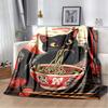Retro Manga Style Black Cat Eating Ramen Print Flannel Blanket, Vintage Anime Throw Blanket