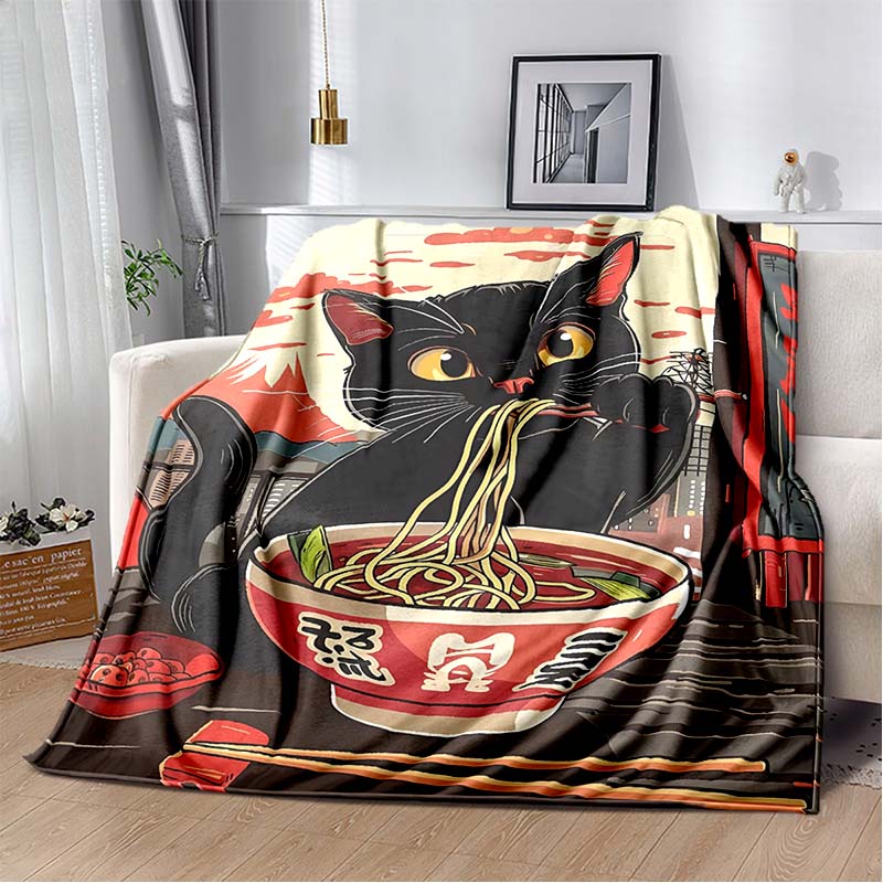 Retro Manga Style Black Cat Eating Ramen Print Flannel Blanket, Vintage Anime Throw Blanket