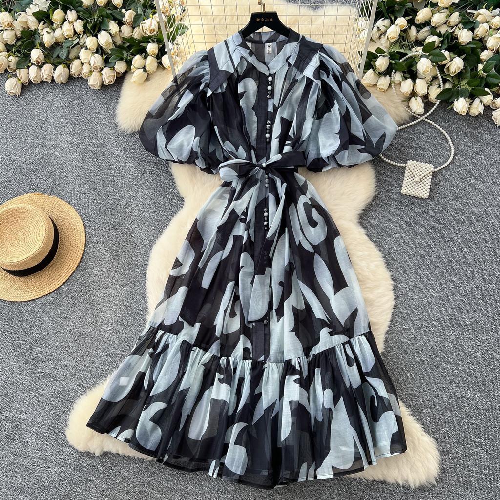 Light luxury European and American style high-end printing bubble sleeve dress women's summer strap waist royal sister temperament big swing dress