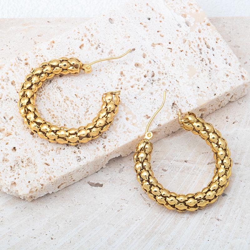 18K Gold Stainless Steel Retro Hong Kong Style Versatile Hollow Earrings for Women