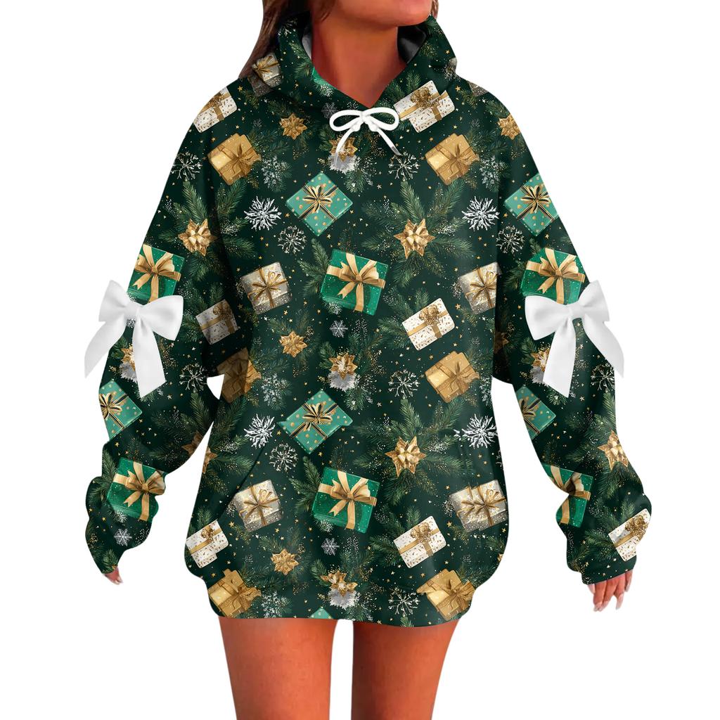 Ladies' Christmas Printed Bow Long Sleeved Loose Fitting Headband With Rope Hooded Sweatshirt Top