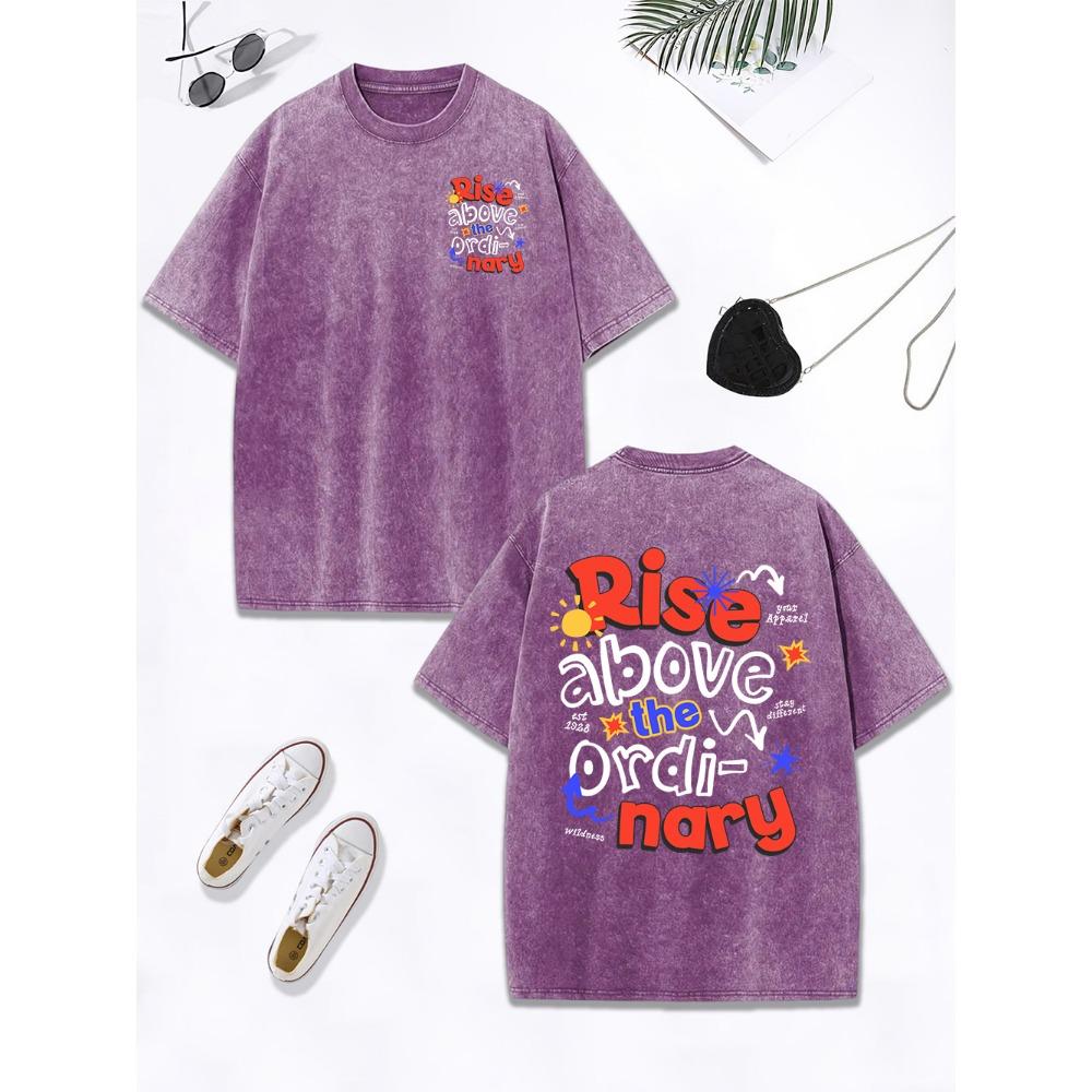 Rise Above The Ordi-Nary Printed Washed T-Shirts Womens Cotton Oversize Tops O-Neck Distressed T Shirt Street Clothes