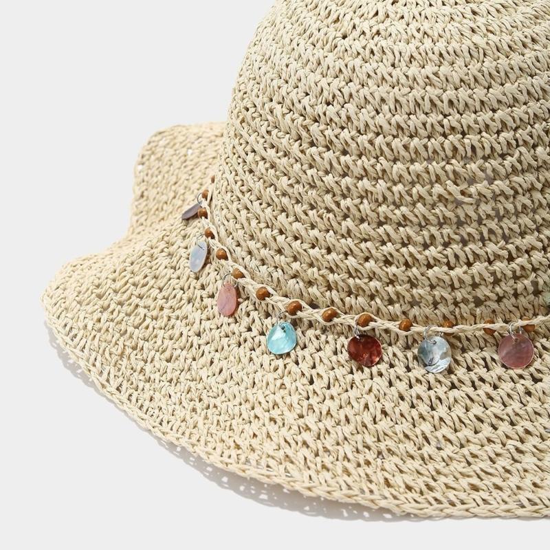 Elegant Hand Crocheted Paper Straw Sun Hat Women Breathable Wide Border Beach Hat Summer Outdoor Travel Accessory
