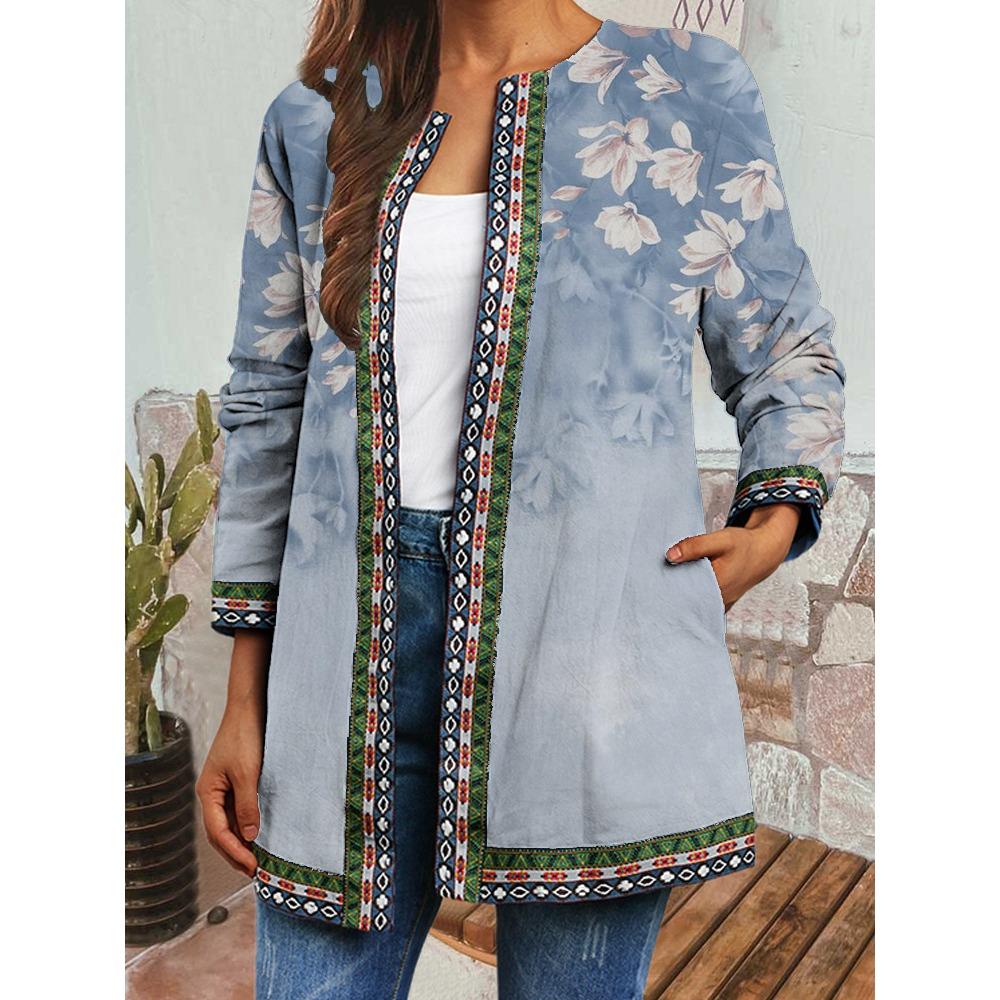 GMXIA Herbst Winter Vintage Ethnischer Stil Druck Übergröße Jacke Strickjacke Damenbekleidung