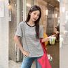 Crew neck striped color embroidered design short-sleeved T-shirt women's summer new loose Korean slim top