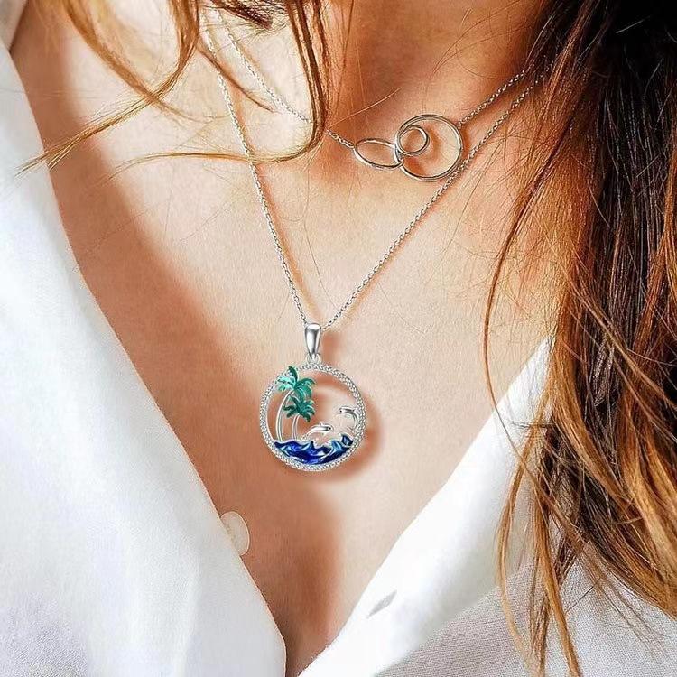S925 Sterling Silver Summer Breeze Blue Ocean Coconut Pendant Hollowed Out Fashion Design Necklace