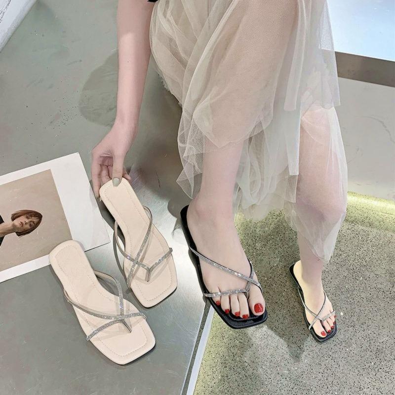 Flat Shoes Summer New Square Toe Clip-Toe Crystal Slim Strap Anti-Slip Wear-Resistant Plus Size Roman Shoes