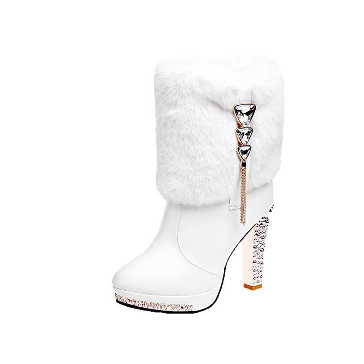 

Autumn and winter fashion boots women s European and American waterproof table round head rhinestone thick high heel fluffy short boots women s shoes 35 белый