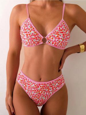 Rose Red Flower Print Bikini Set Women 2025 Summer New High Waist 2 Piece Swimsuit V-neck Bra Push Suspender Backless Swimwear
