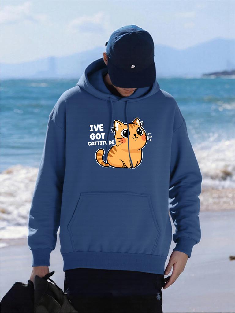 I Have Got Cattitude Cat Printing Mens Hoodies Comfortable Pocket Hoodie Fleece Autumn Clothing Casual All-Match Man Streetwear