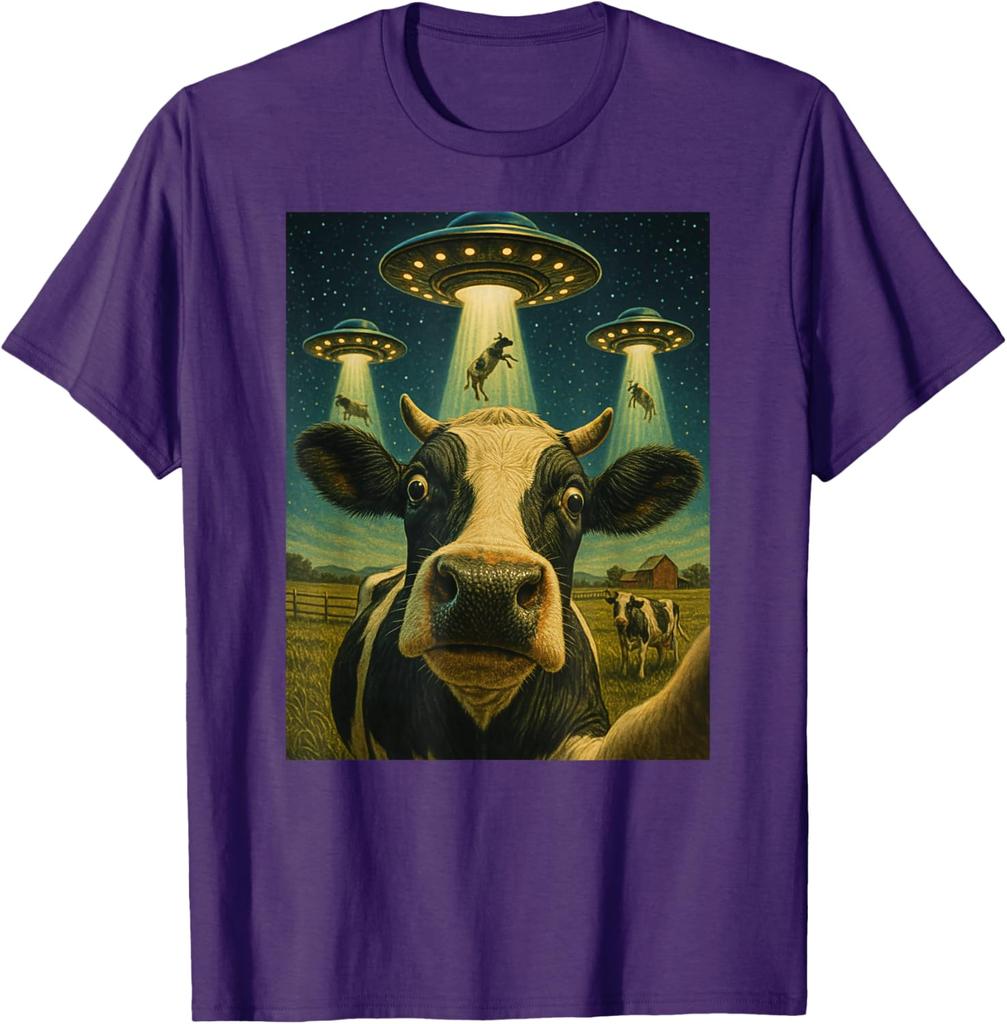Funny Cow Abduction Selfie UFO Alien Graphic Tee T-Shirt Casual Daily Wear
