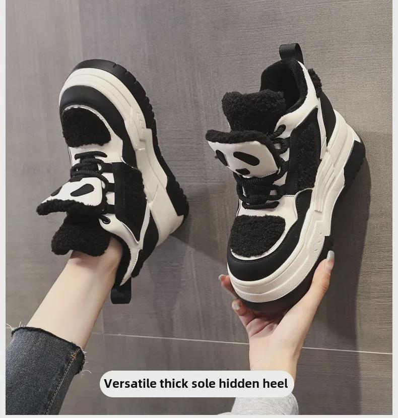 Women's 2023 Winter Thick-Soled High-Top Panda Shoes with Plush Lining and Hidden Lift
