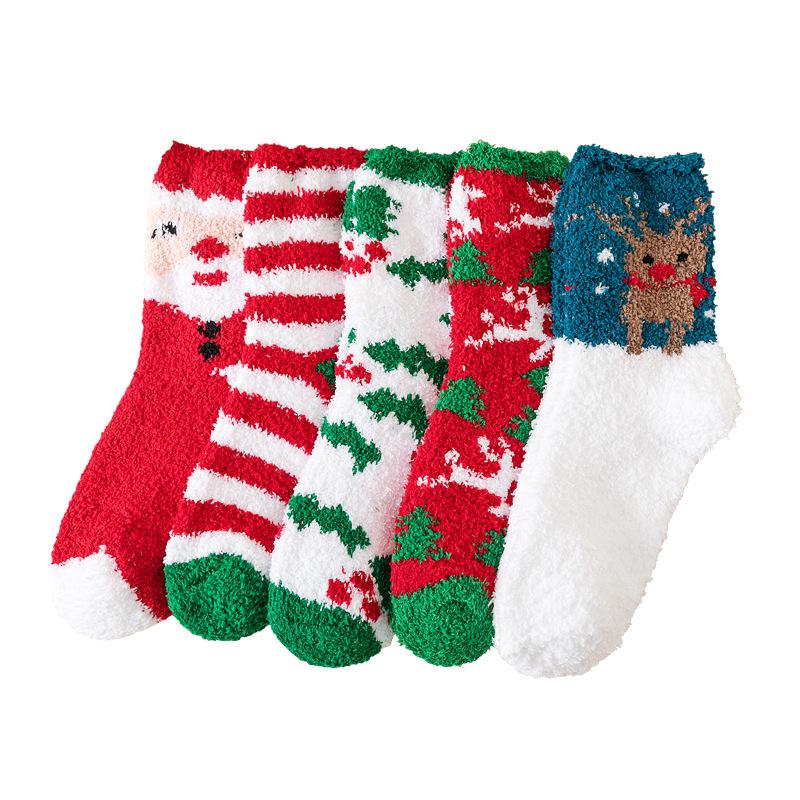 Damen Winter Korallfleece Mid-Calf Socken - Weihnachtsmann & Rentier Design
