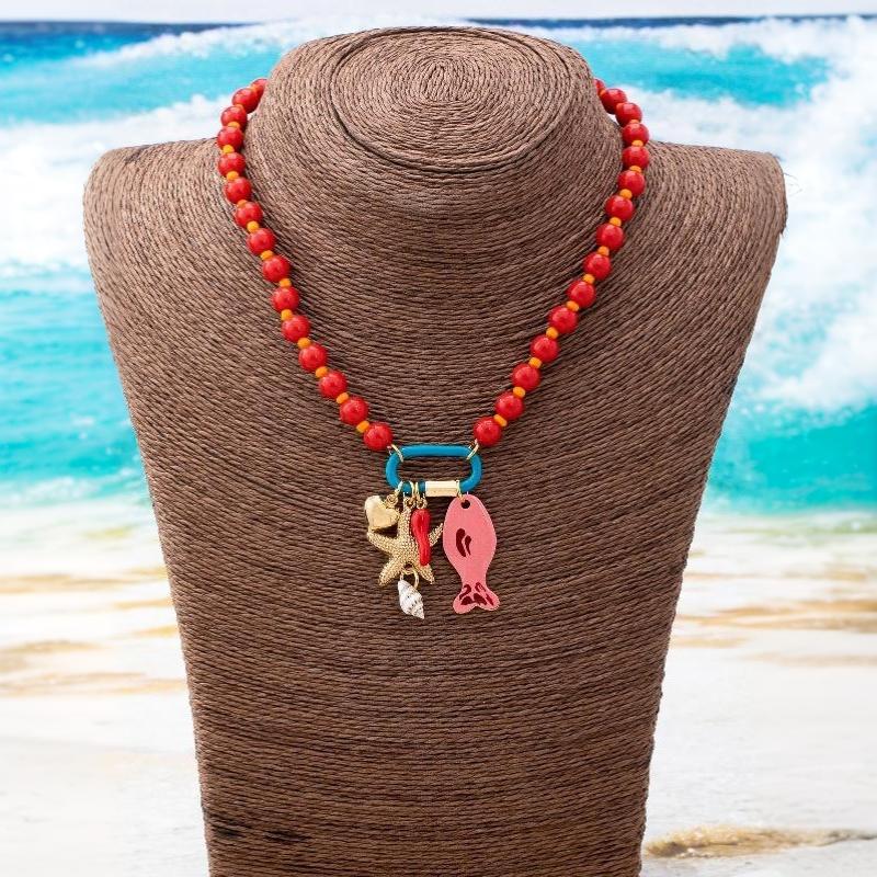 Bohemian Layered Summer Beach Necklace Acrylic Colorful Beads Fish Starfish Charms for Daily Dating Wear