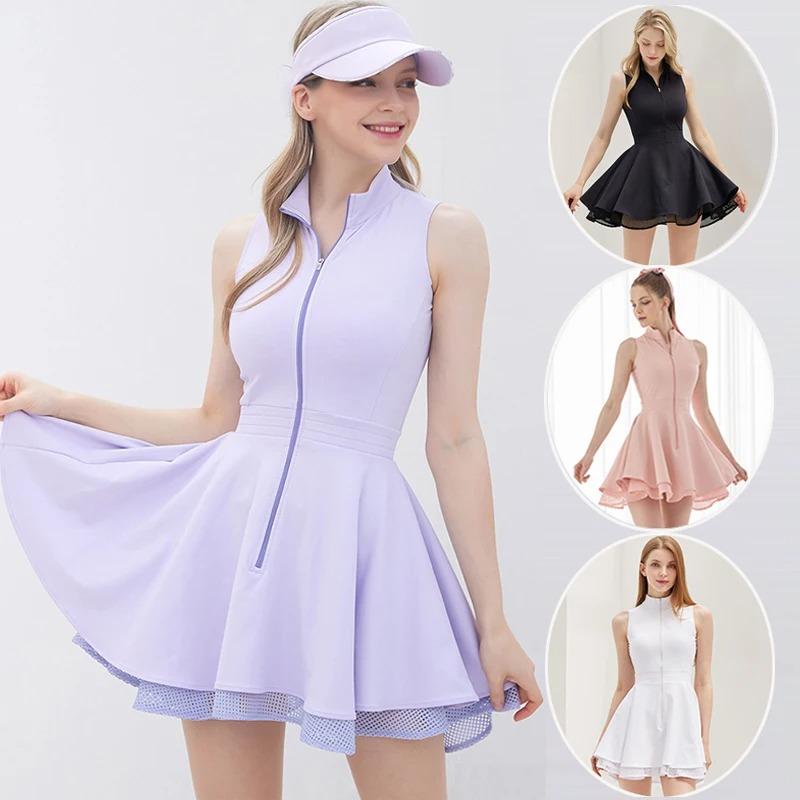 Fashion Tennis Golf Clothing Ladies Sleeveless Lace Sports Dress Quick Dry Half Zip Slim Dresses Women Girls Sports Jersey Skirt