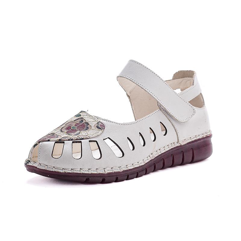 Summer new leather hollow sandals women's flower embroidery flat bottom soft sole mother shoes Velcro shallow mouth