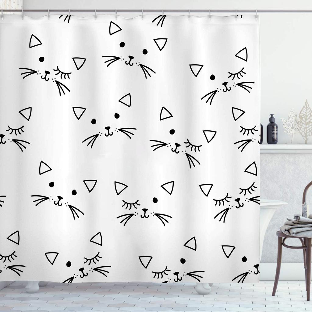 Schwarze Linie Katze Duschvorhänge Waschbarer Stoff Polyester Für Badewanne Kunst Badezimmerdekor Trennwand Mit Haken Aufhängen Wasserdicht