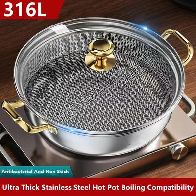 30cm Stainless Steel Soup Pot Wok Non-stick Honeycomb with Lid Household Frying Pan Induction Cooker Gas Stove Universal Pot