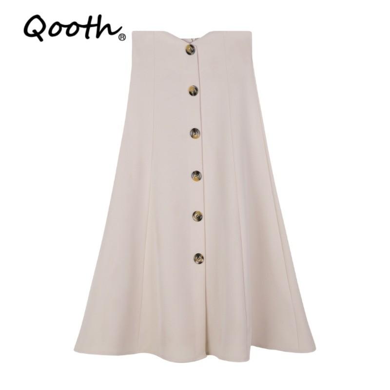 Qooth Elegant Women A Line Skirt Wide Hem Mid Length Calf Length  with Zipper Casual Skirt QT2657